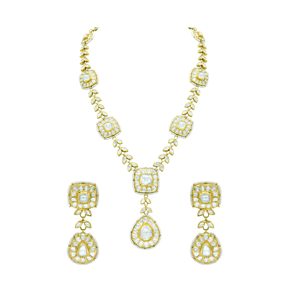 Polki Square Necklace Set with Polki Leaves and Pear Drop